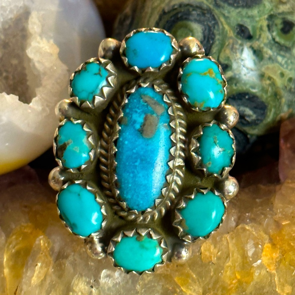 Turquoise Flower Cluster Statement Sterling Silve… - image 1